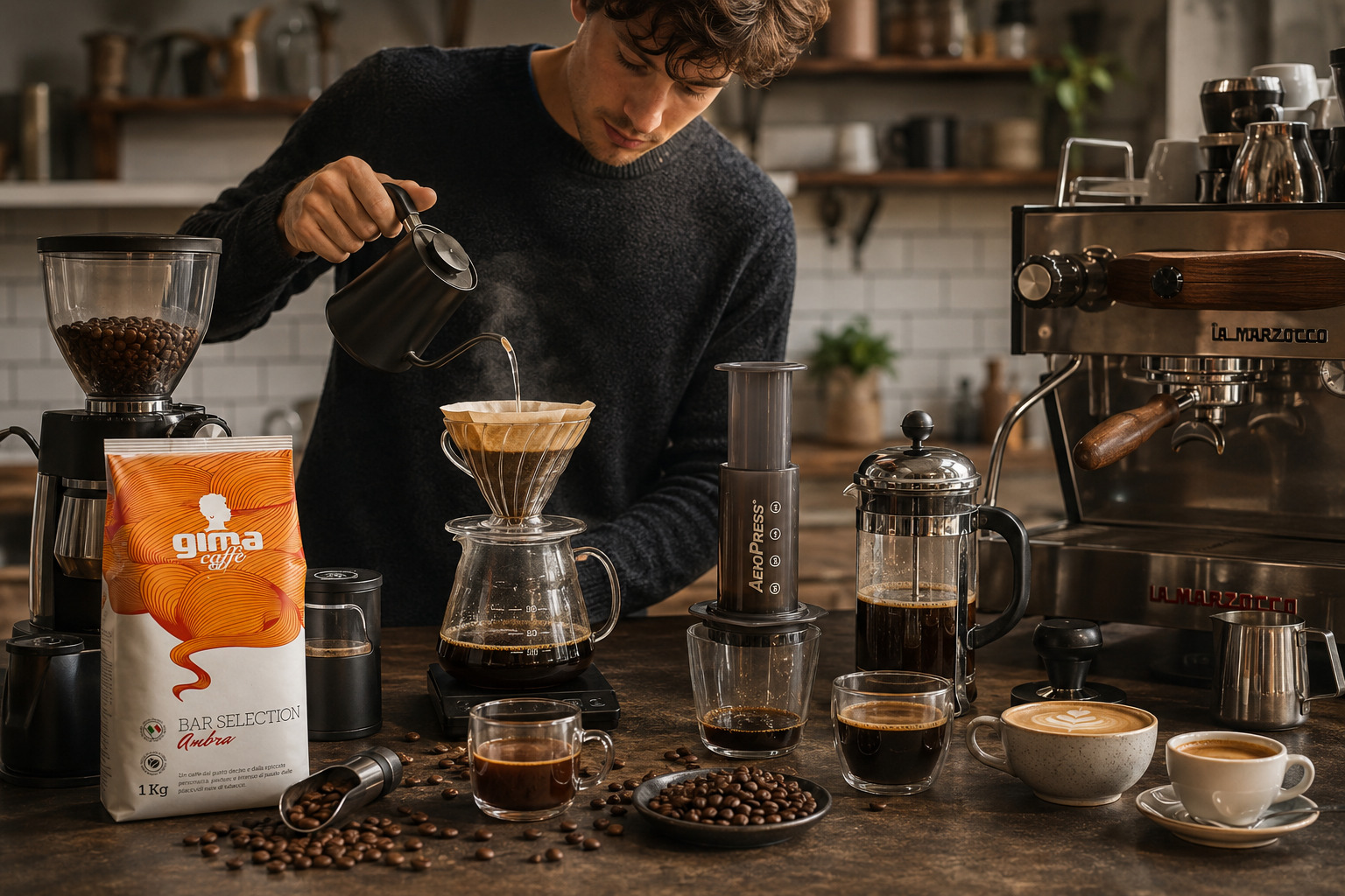 Domácí příprava výběrové zrnkové kávy různými metodami v moderním home café stylu